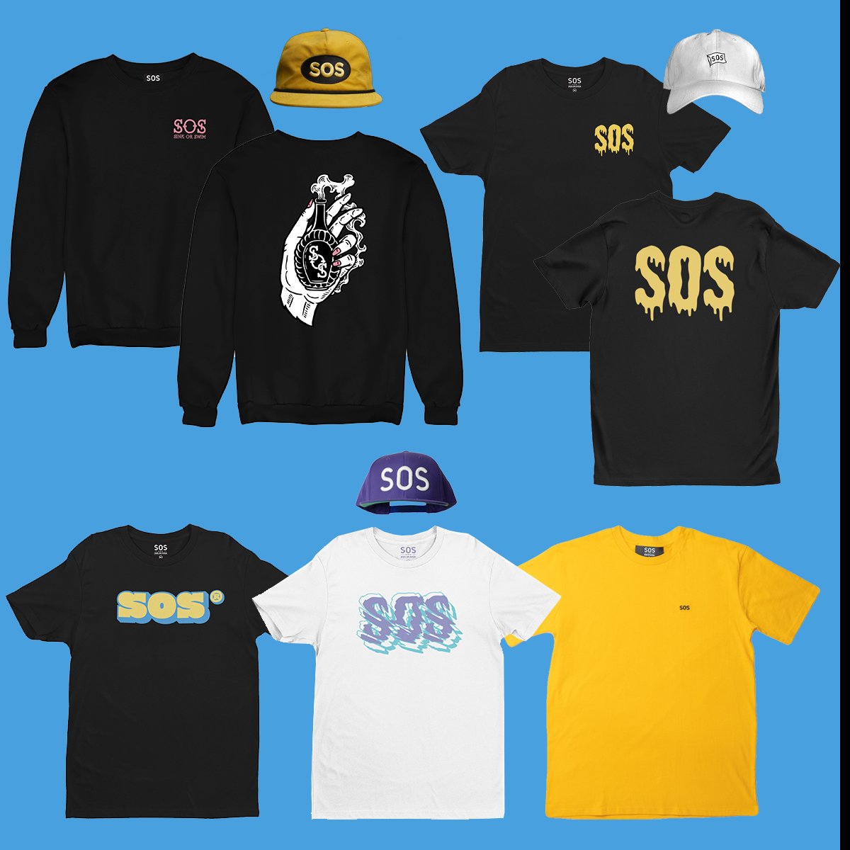 A collection of SOS shirts, sweatshirts, and hats